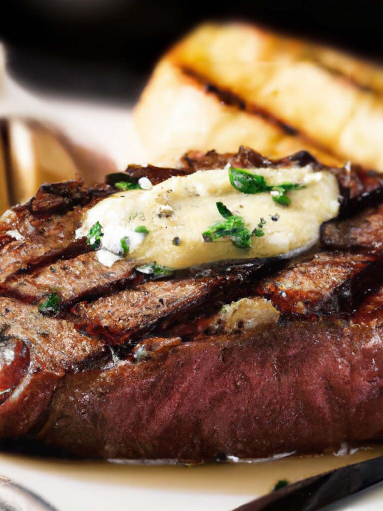 a beautifully seared steak with a golden crust, adorned with a pat of melting garlic butter.