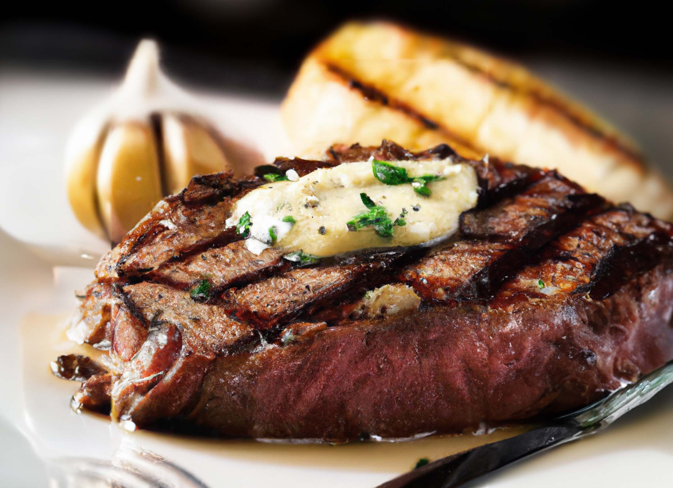 a beautifully seared steak with a golden crust, adorned with a pat of melting garlic butter.