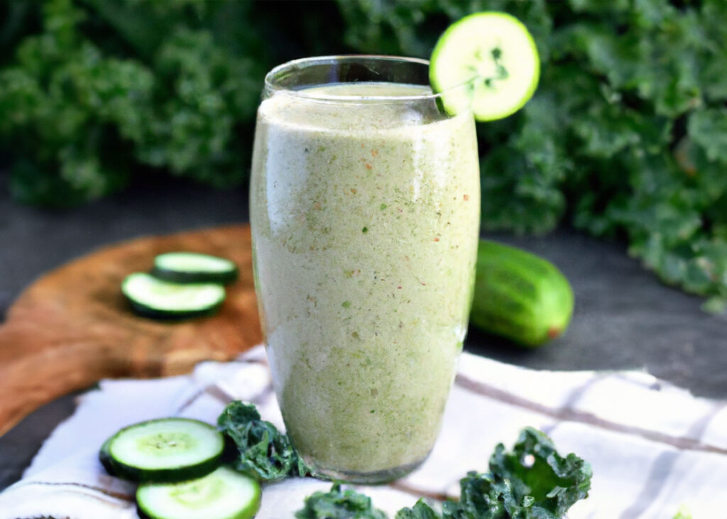 Green blended smoothie with oats, cucumber, green apple, spinach and ginger