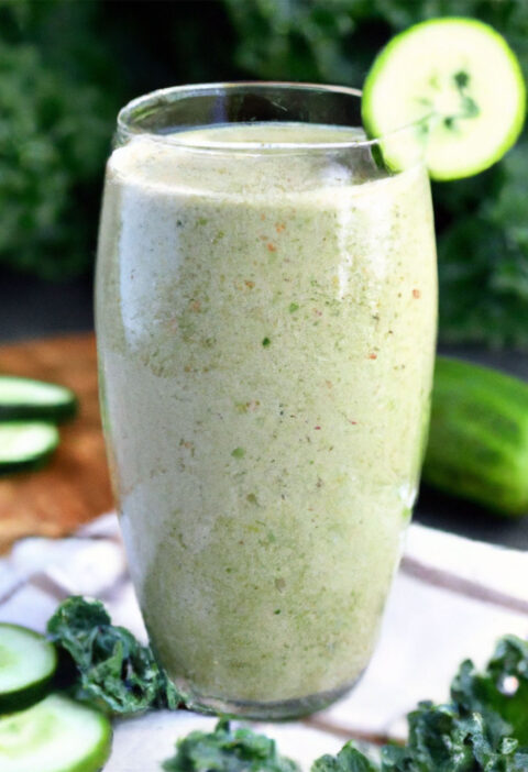 Green blended smoothie with oats, cucumber, green apple, spinach and ginger