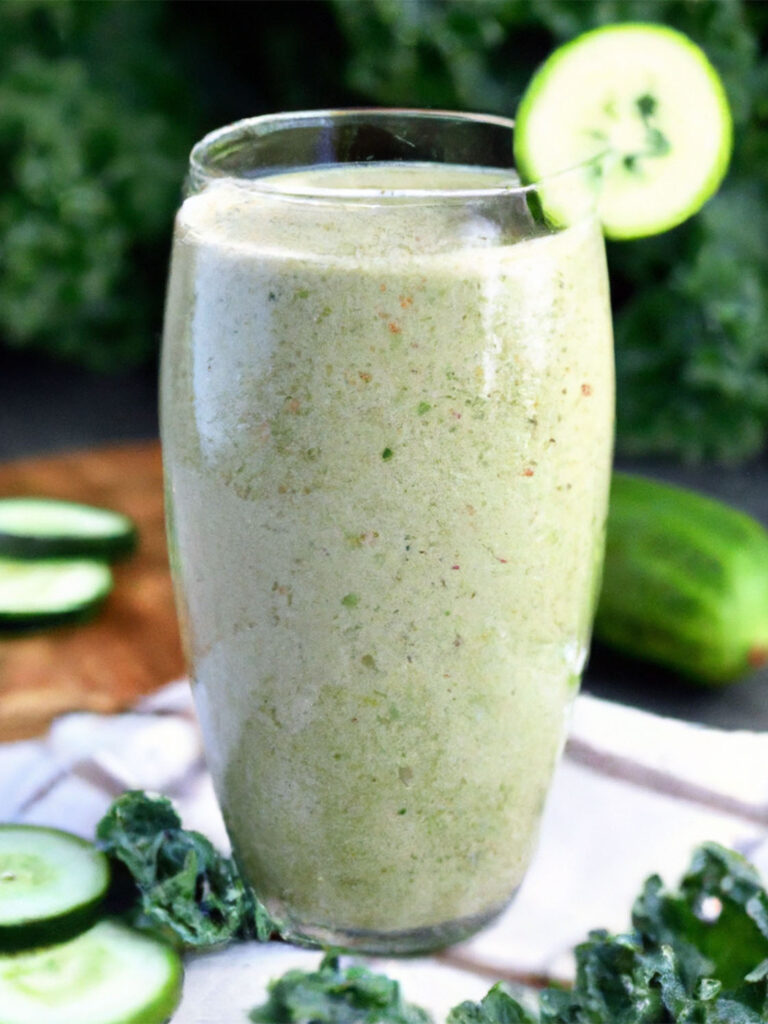 Green blended smoothie with oats, cucumber, green apple, spinach and ginger